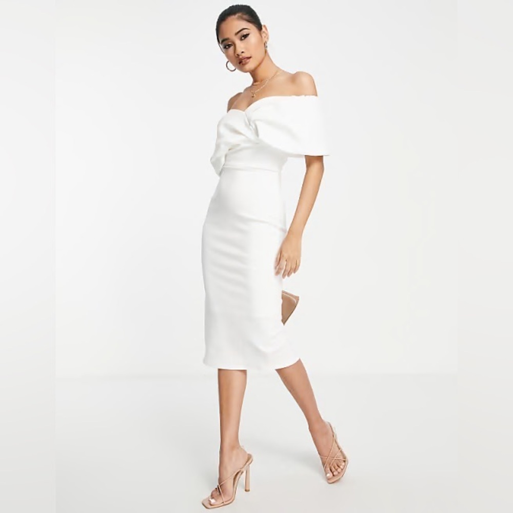 ASOS True Violet off shoulder pencil midi dress in ivory - AUS 8, small